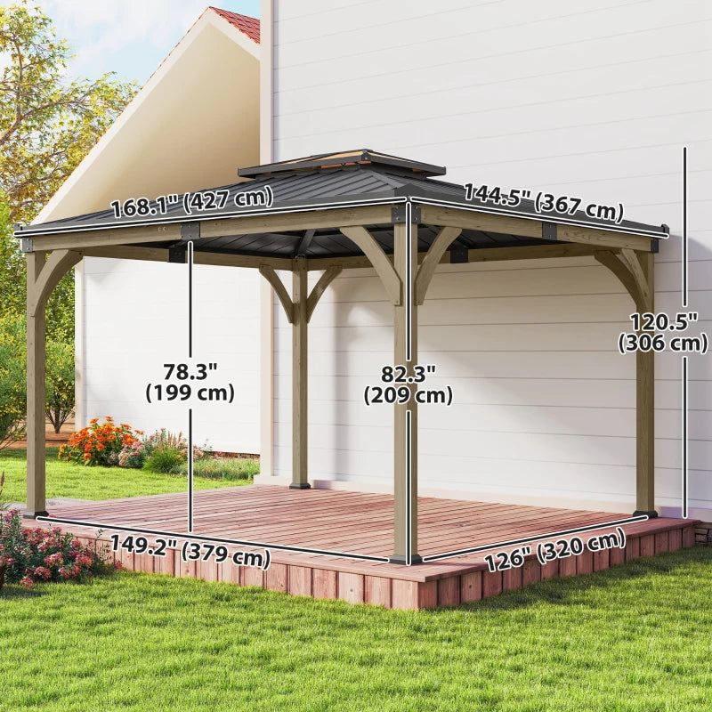 12' x 14' Hardtop Gazebo Canopy with Galvanized Steel Roof, Wood Frame, Double Roof Outdoor Gazebo, Light Walnut