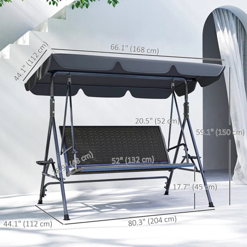 3-Seat Patio Swing Chair, Outdoor Canopy Swing Glider with Adjustable Shade, Grey