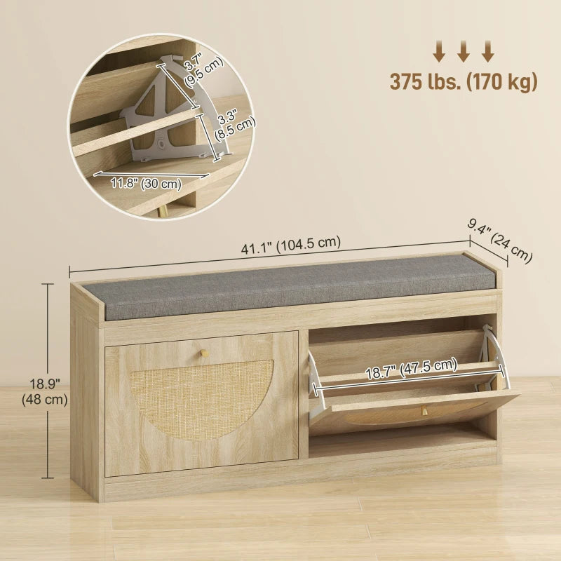 Shoe Bench with Flip Doors, Seat Cushion, Adjustable Shelves for 8 Pairs, Boho Entryway Bench for Bedroom, Natural Wood