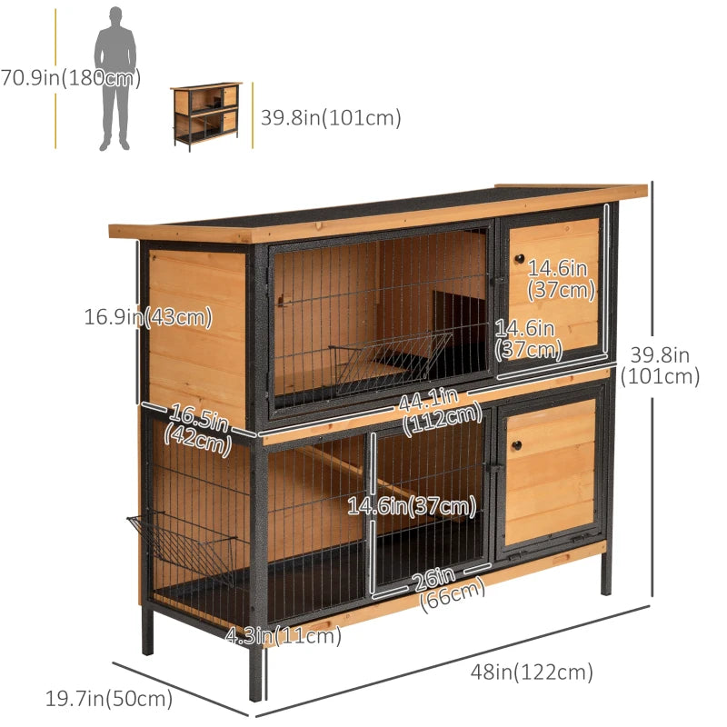 48" 2-Floor Large Rabbit Hutch Wooden Pet House Metal Frame Bunny Cage Small Animal Habitat with Ramp Feeding Trough Lockable Doors Run Area Asphalt Roof for Outdoor Use
