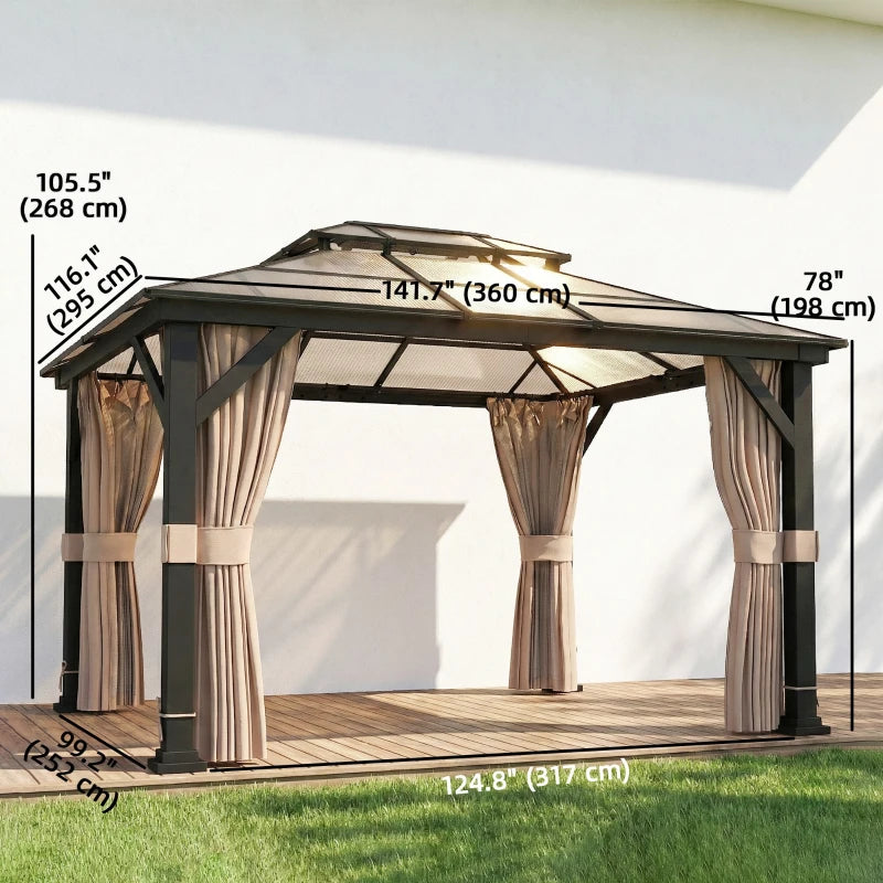 10' x 12' Hardtop Gazebo Canopy with Double PC Roof, Steel Permanent Outdoor Gazebo with Curtains and Netting, Khaki