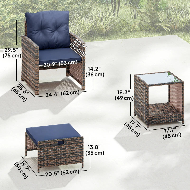 5 Piece Patio Furniture Set, Wicker Patio Chairs with Ottomans, 2-Tier Glass Coffee Table and Cushions, Brown/Dark Blue