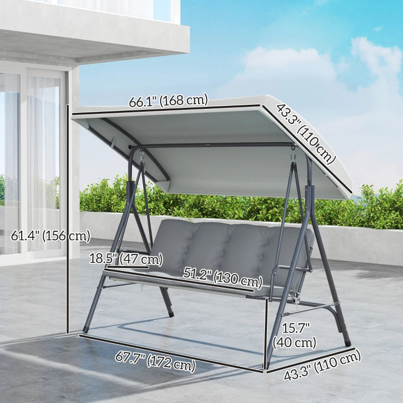 3-Seat Patio Swing Chair, Outdoor Porch Swing Glider with Adjustable Canopy, Light Grey