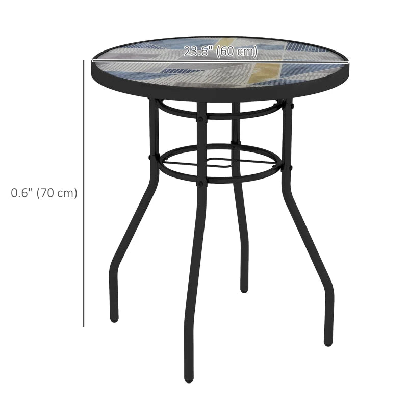 23.6" Round Patio Table, Outdoor Side Table with Glass Printed Top, Multicolour