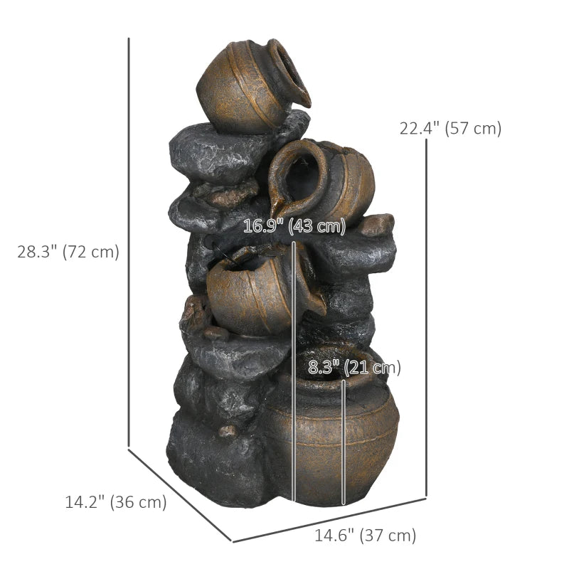 28.3" Solar Water Fountain, 4-Tier Resin Cascading Jars and Stacked Stones Outdoor Waterfall Fountain with LED Lights