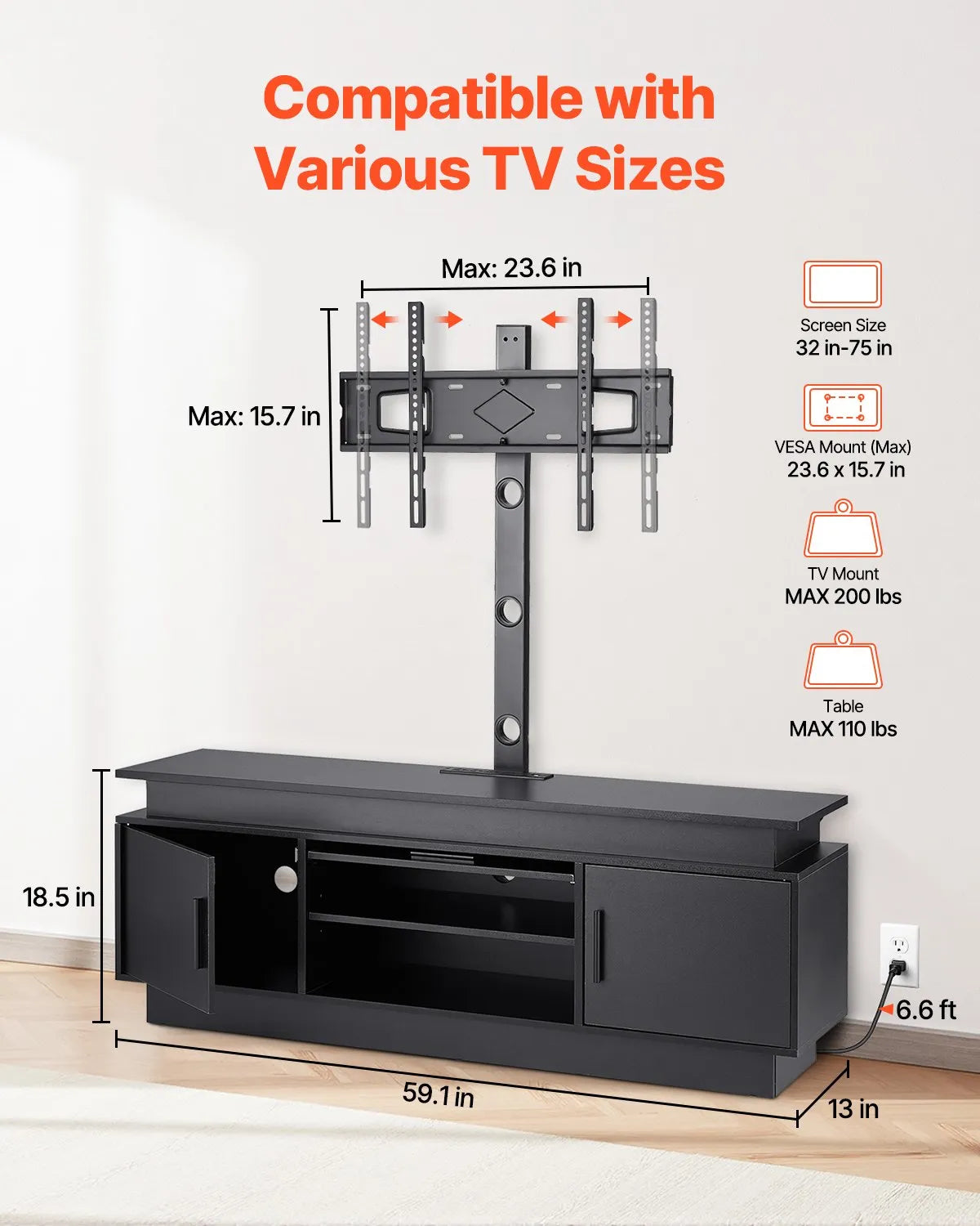 VEVOR 60" TV Stand with Mount for up to 75 in TVs with Power Outlet & LED Lights