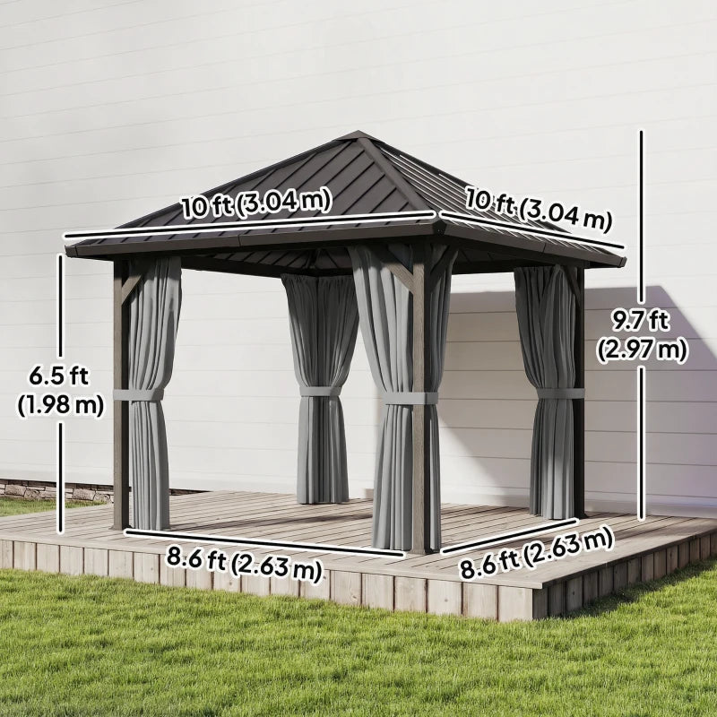10' x 10' Hardtop Gazebo with Galvanized Steel Roof, Permanent Garden Gazebo with Netting and Curtains