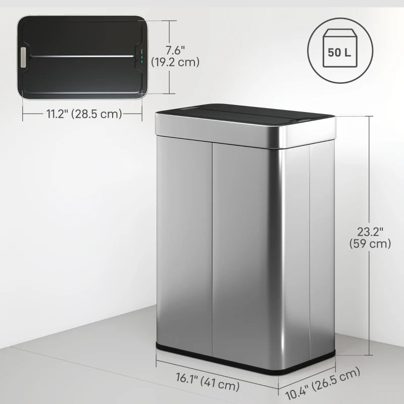 14.5 Gallon Sensor Can, Automatic Garbage Can with Soft-Close Butterfly Lid, Fingerprint-Proof Stainless Steel, Silver