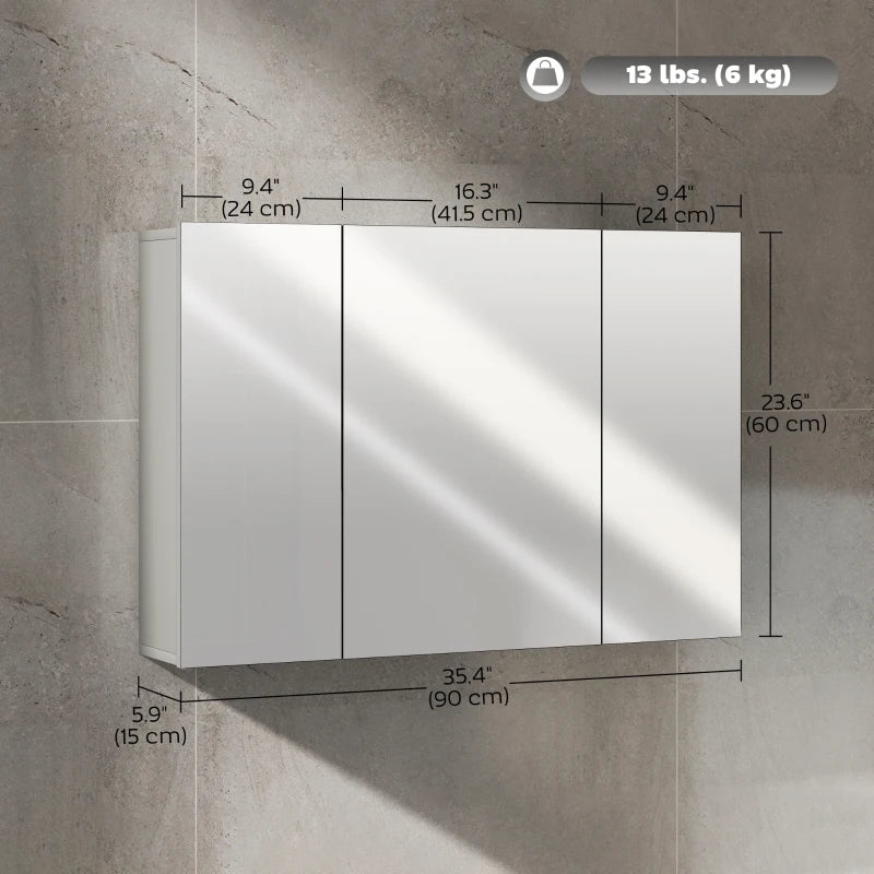 35" x 24" Wall Mounted Mirror Cabinet, Bathroom Medicine Cabinet with Mirror, 3 Doors and Adjustable Shelves, Grey