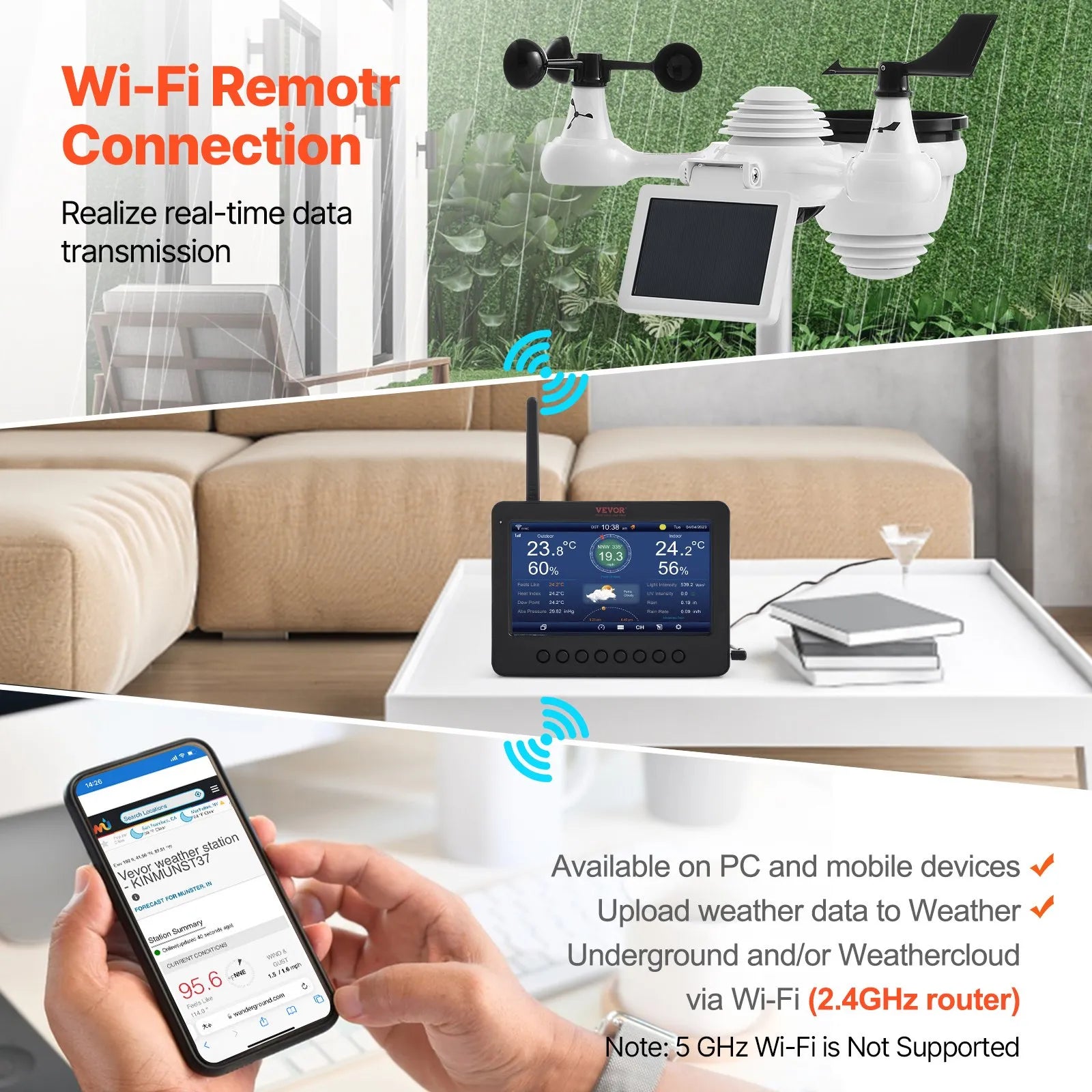 VEVOR 7-in-1 Wi-Fi Weather Station 7 in TFT Display Wireless Outdoor Sensor