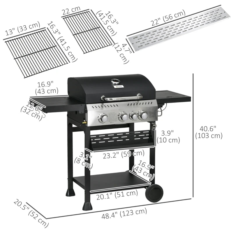 38,000 BTU Propane Gas Grill BBQ Cart with 3 Main Burners, 1 Side Burner, with Warming Rack, Side Prep Tables, Black