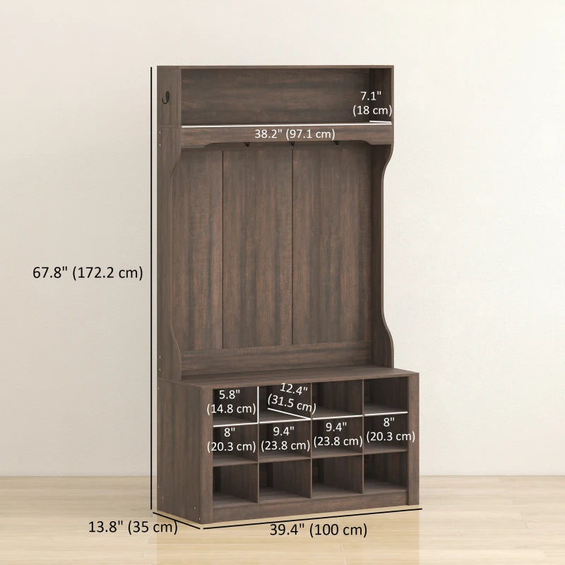4-In-1 Hall Tree with Bench and Shoe Storage, Farmhouse Coat Rack Shoe Bench with 12 Shoe Cubbies, 6 Hooks, Dark Brown