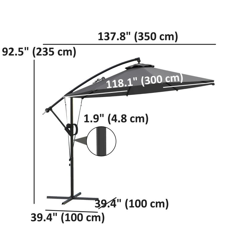 118.1" Patio Offset Umbrella with Cover and Wind Protection Strap,with Crank Handle and Tilt, UPF50+, Grey