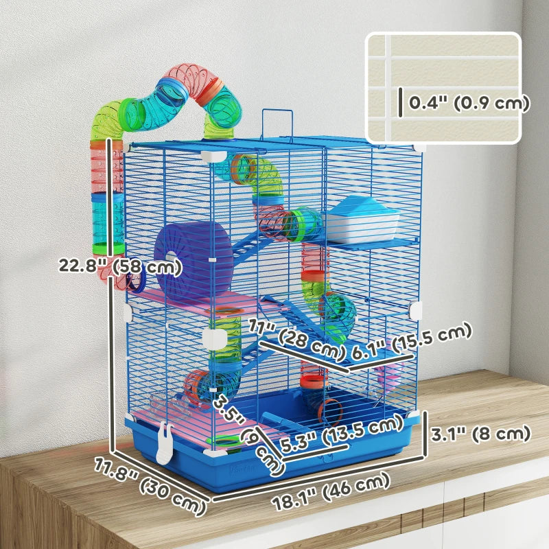 5 Tiers Hamster Cage Portable with Exercise Wheels Play Tube Water Bottle Dishes House Ladder for Gerbils, Dark Blue