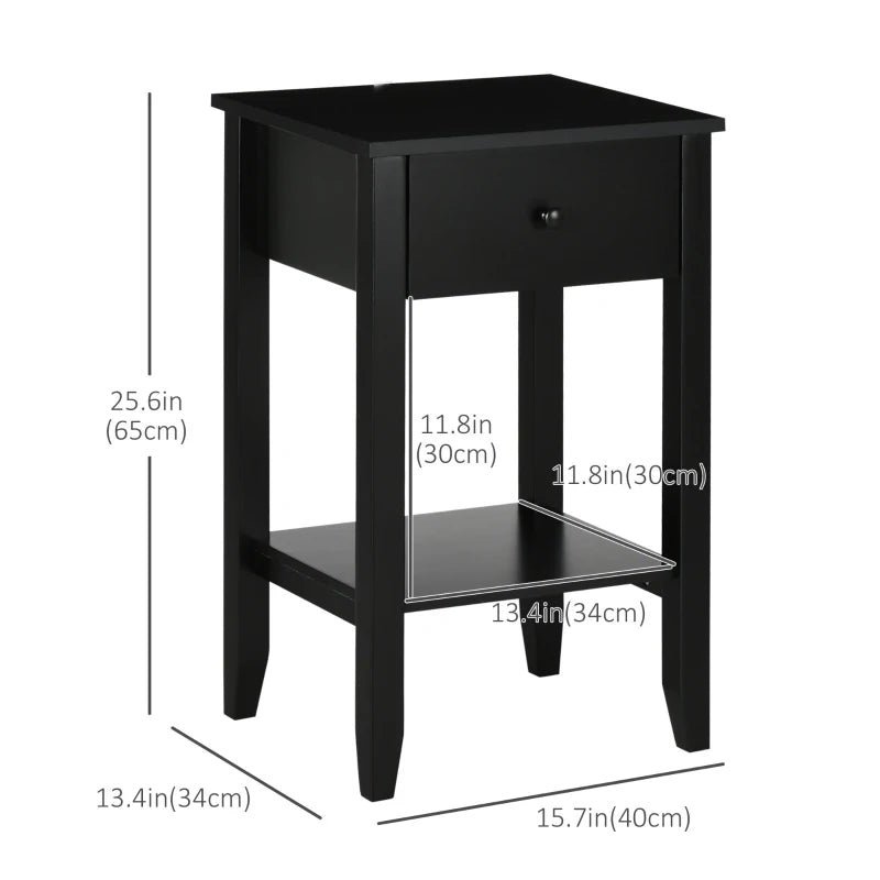 Side Table Set of 2, End Tables with Drawer and Bottom Shelf, 2-tier Nightstand for Bedroom, Living Room, Black