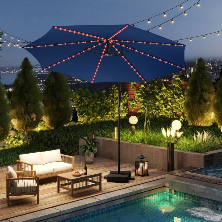 10 Feet Solar Offset Hanging Umbrella with Base and LED Lights-Navy