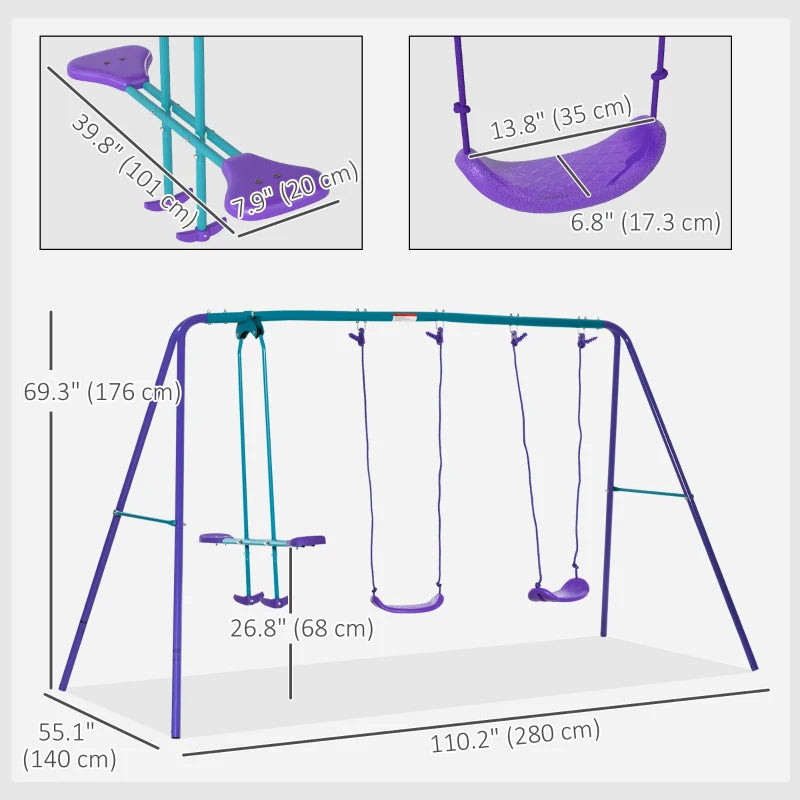 3 in 1 Metal Swing Set with Double Swings, Glider for Backyard, Outdoor, Playground, Purple