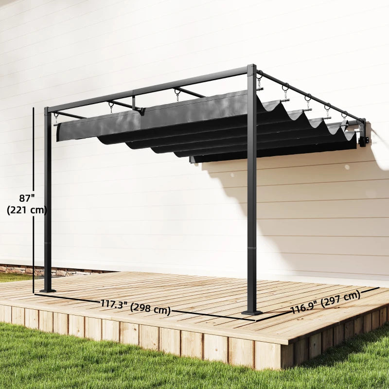 10' x 10' Retractable Pergola Canopy, Wall-Mounted Pergola, Outdoor Sun Shade Shelter for Garden, Balcony, Dark Grey