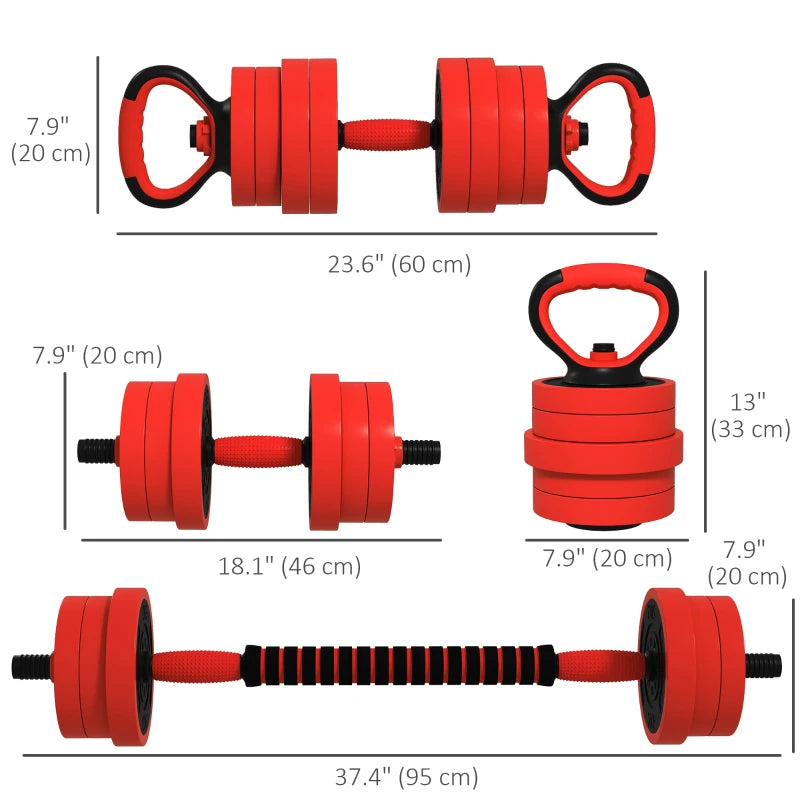Soozier 44lbs 4-in-1 Adjustable Weight Dumbbell Set, Barbell, Kettlebell, Push Up Stand, Red