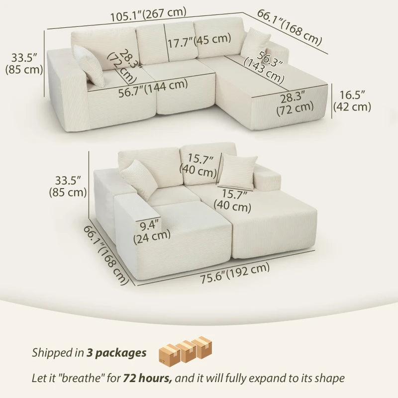 2-in-1 Modular Sectional Sofa, Boneless L Shaped Couch Sofa Bed, Cream White