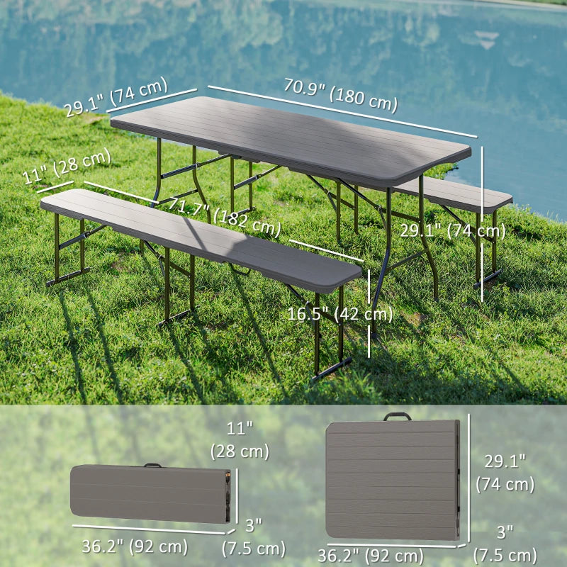 6FT 3PCS Faux Rattan Outdoor Camping Table Bench Set with Carrying Handles, Folding Picnic Table with 2 Benches, Brown