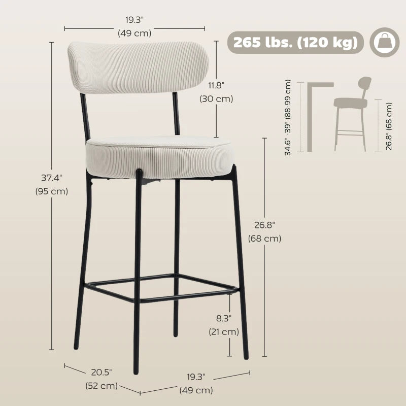 Set of 2 Barstools, Upholstered Corduroy Bar Stools with Backrest, Footrest for Kitchen Island, Dining Room, Cream White