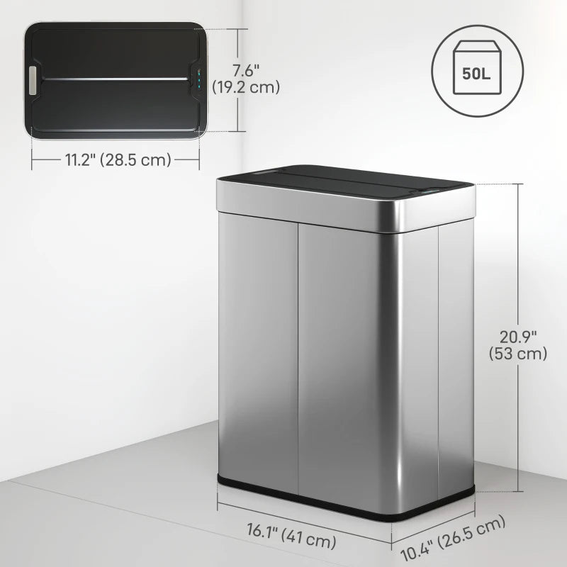 13.2 Gallon Sensor Can, Automatic Garbage Can with Soft-Close Butterfly Lid, Fingerprint-Proof Stainless Steel, Silver