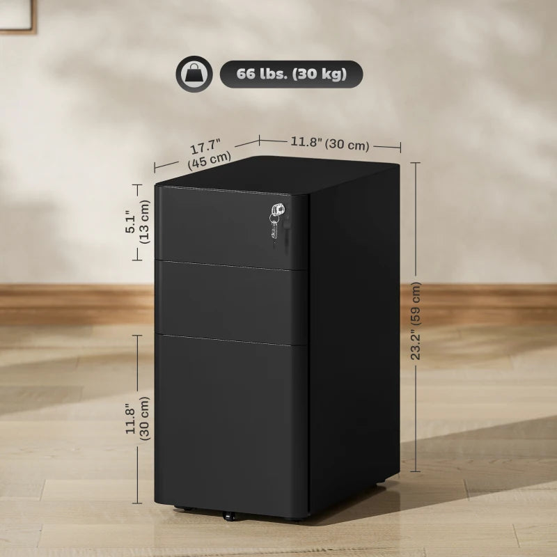 3 Drawer Filing Cabinet, Lockable Steel Office Storage Cabinet with Hanging Bar for Letter, A4, Legal Files, Black