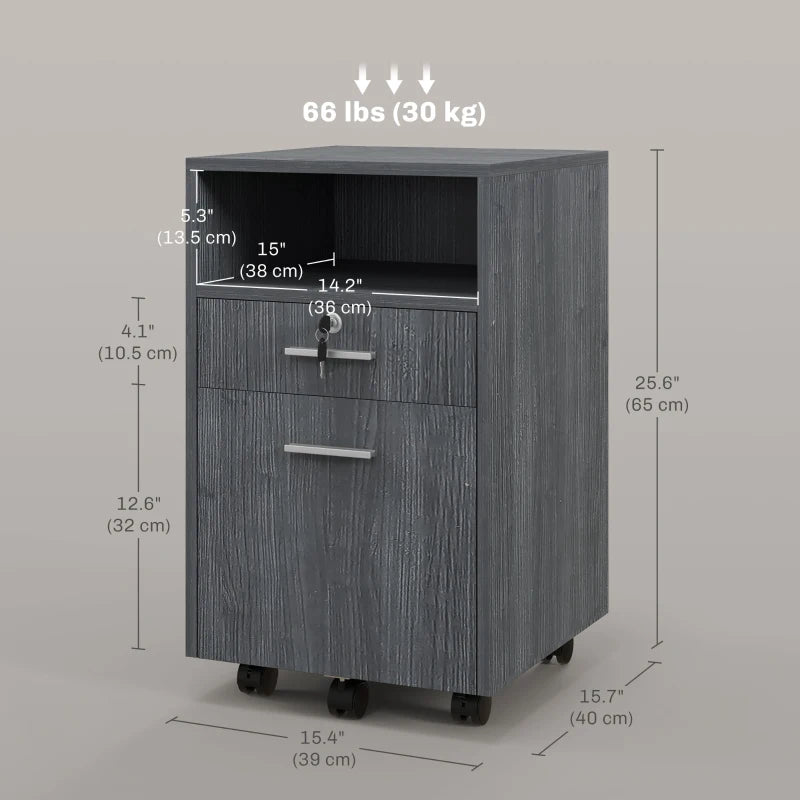 Small Filing Cabinet with 2 Drawers, Lockable Home Office Storage Cabinets on Wheels for A4, Letter Size, Grey