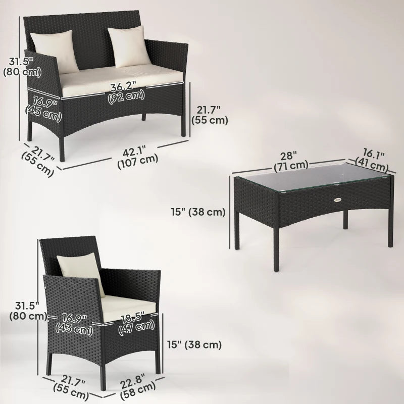 4-Piece Rattan Outdoor Furniture Set Patio Furniture Set with Coffee Table 22.8" W x 21.7" D x 33.5" H Black & Cream