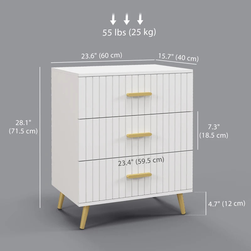 3 Drawer Cabinet, Drawer Chest for Bedroom, Chest of Drawers with Aluminium Legs and Gold Handles, White