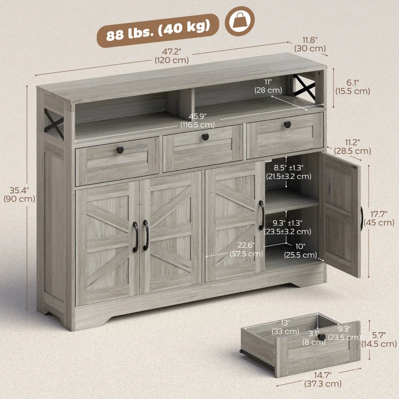 Sideboard, Buffet Cabinet with 4 Barn Doors and 3 Drawers, Coffee Bar Cabinet with Adjustable Shelves, Grey