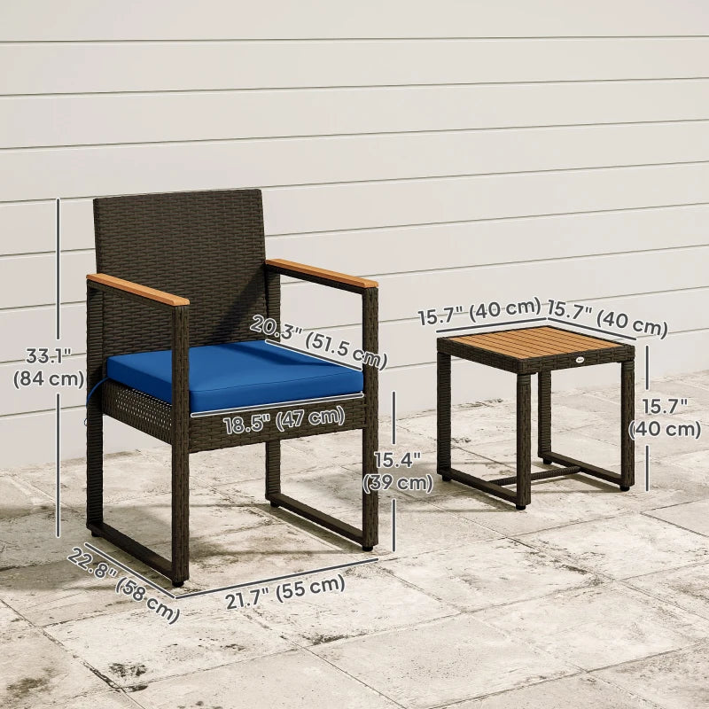 3 Pieces Wicker Patio Furniture Set, Rattan Bistro Set w/ Acacia Wood Table & Removable Cushions, Dark Blue