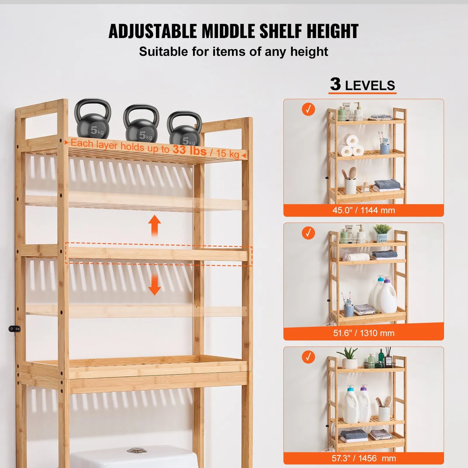 VEVOR Over the Toilet Storage 3-Tier Bathroom Shelf Rack Space Saver Organizer