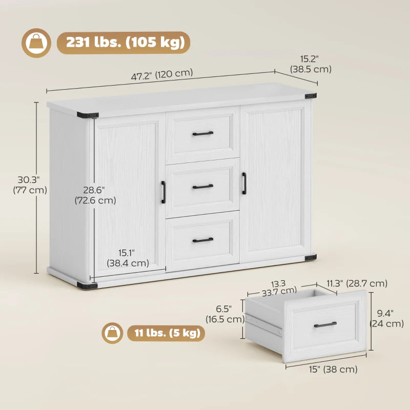Sideboard with 3 Drawers and 2 Doors, 47" Buffet Cabinet with Adjustable Shelves for Kitchen, White Wood Grain