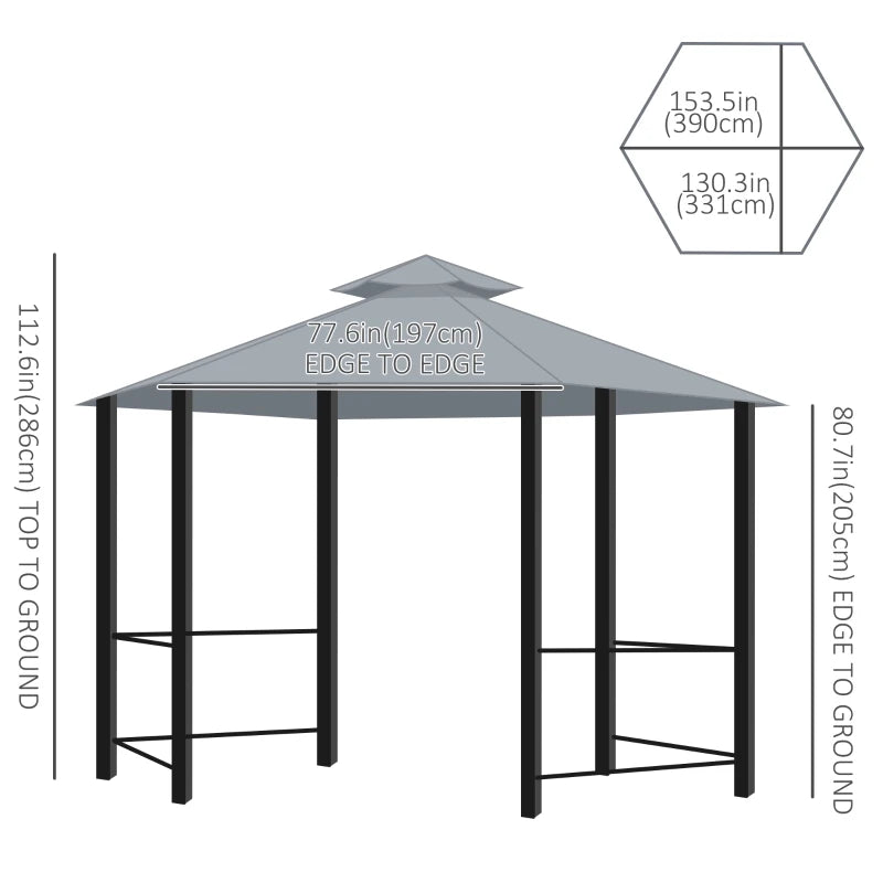 13ft Hexagon Gazebo Outdoor Canopy Shelter with Netting and Shaded Curtains Grey