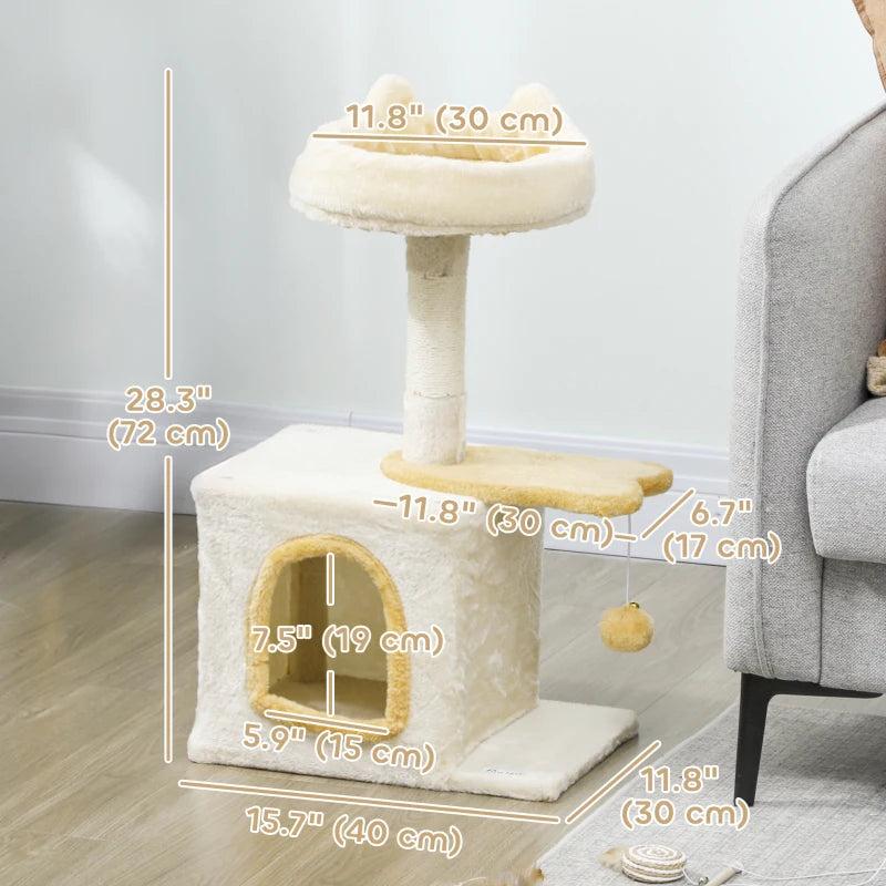 28" Cat Tree Tower with Plush Top Bed, Cozy Condo, Sisal Scratching Post, Perch, Dangling Ball, Beige and Yellow