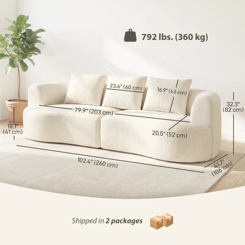 3 Seater Sofa, 102" Chenille Boneless Couch with Wide Seat, Spring Cushions, High-Density Foam, 3 Pillows, Cream White