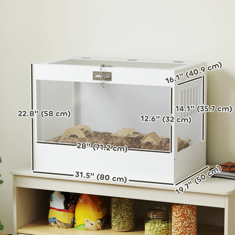 31.5"L Hamster Cage with Openable Top, Hut, Seesaw, Ladder for Dwarf Hamster, Gerbil, White