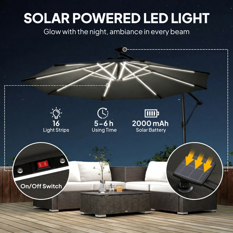 10 ft Offset Patio Umbrella with Solar Light, Garden Hanging Parasol with 360° Rotation, Tilt, Cover, Black