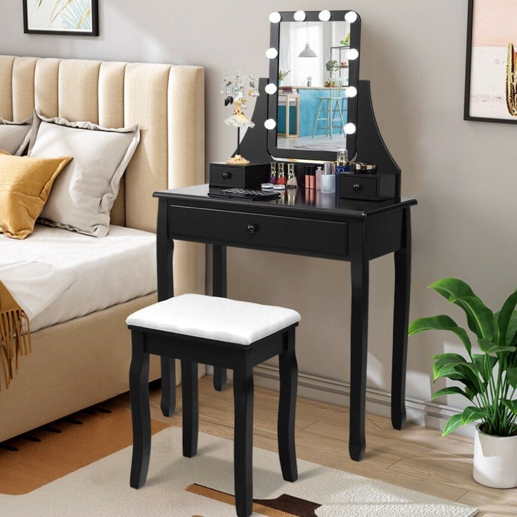 10 LED Lighted Mirror and 3 Drawers Vanity Table Set-Black