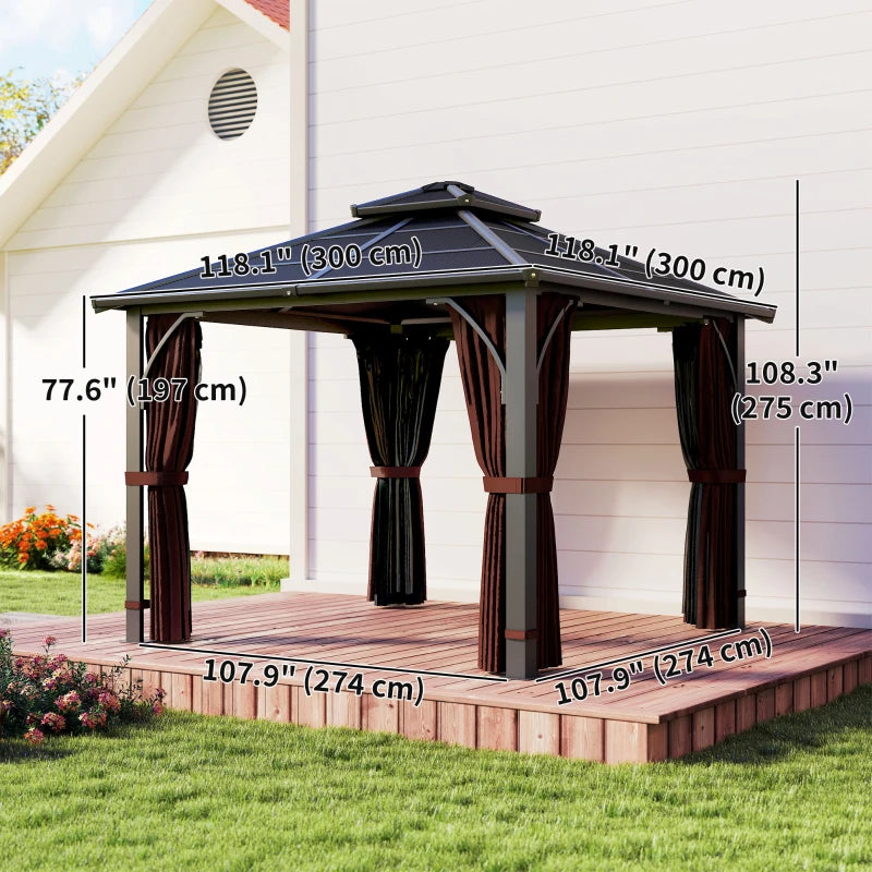 10' x 10' Hardtop Gazebo with 7mm Double Polycarbonate Roof, Outdoor Gazebo with Netting and Curtains, Coffee