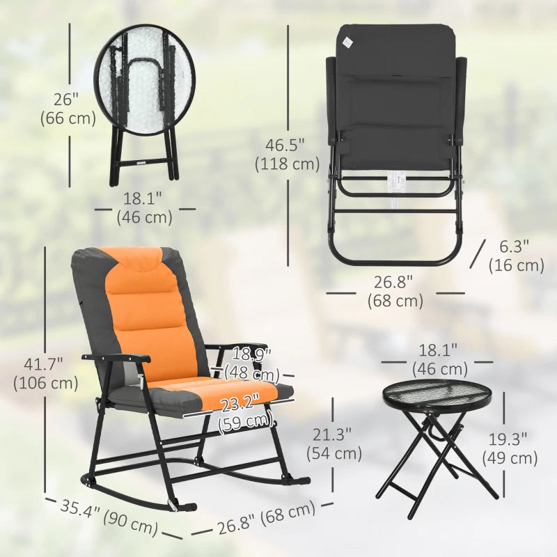 3-Piece Outdoor Foldable Rocking Chair Set, Orange