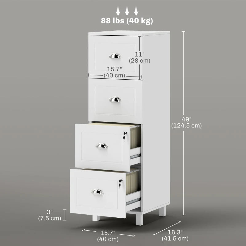 4 Drawer File Cabinet with Lock, Office Filing Cabinet, A4 Letter Size, Hanging File Folders, White