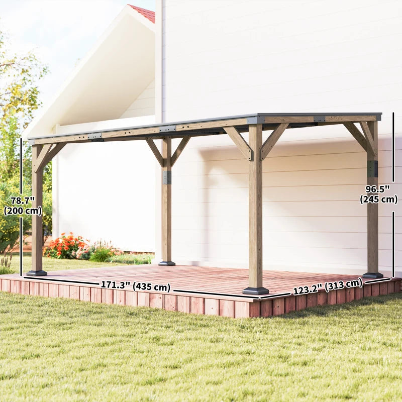 14' x 10' Gazebo, Lean to Galvanized Steel Hardtop Gazebo Pergola with Wood Frame, Patio Gazebo Awning, Dark Grey