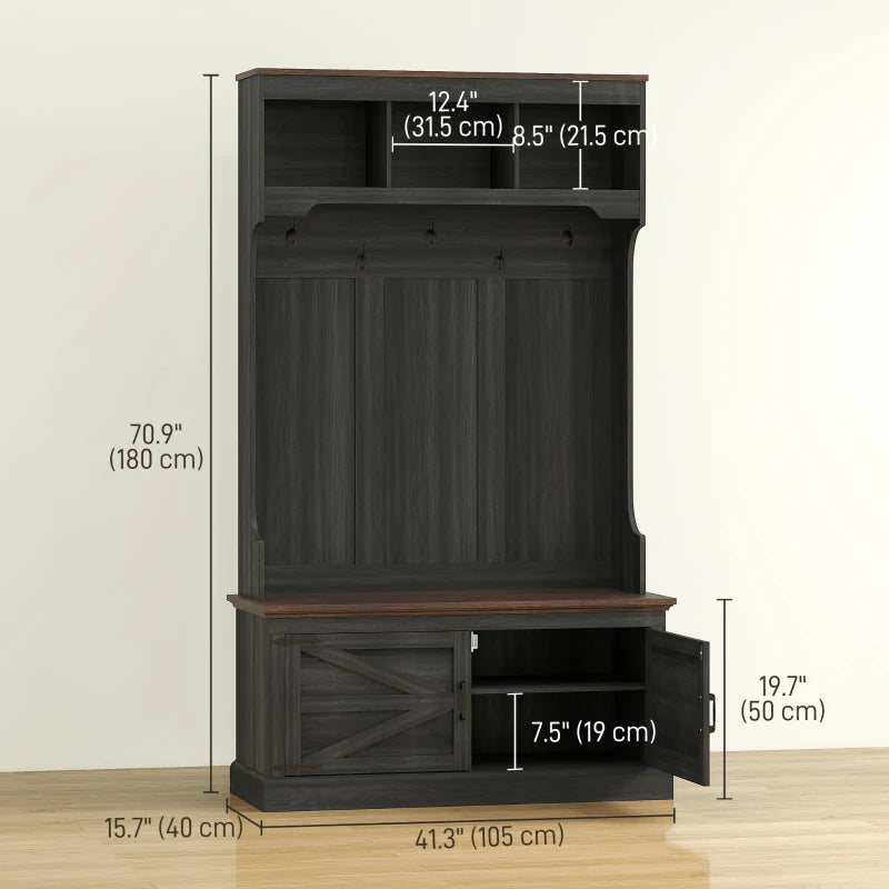 3-in-1 Hall Tree with Bench, Coat Rack with Shoe Storage, Distressed Black