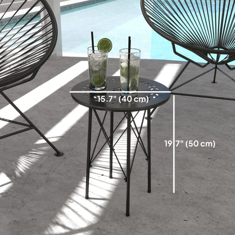15.7" Round Garden Table with Floral Cut-Out, Steel Balcony Side Bistro Coffee Table with Adjustable Feet, Black