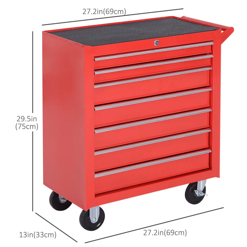 7 Drawer Roller Tool Chest, Mobile Lockable Toolbox, Storage Organizer with Handle for Workshop Mechanics Garage, Red