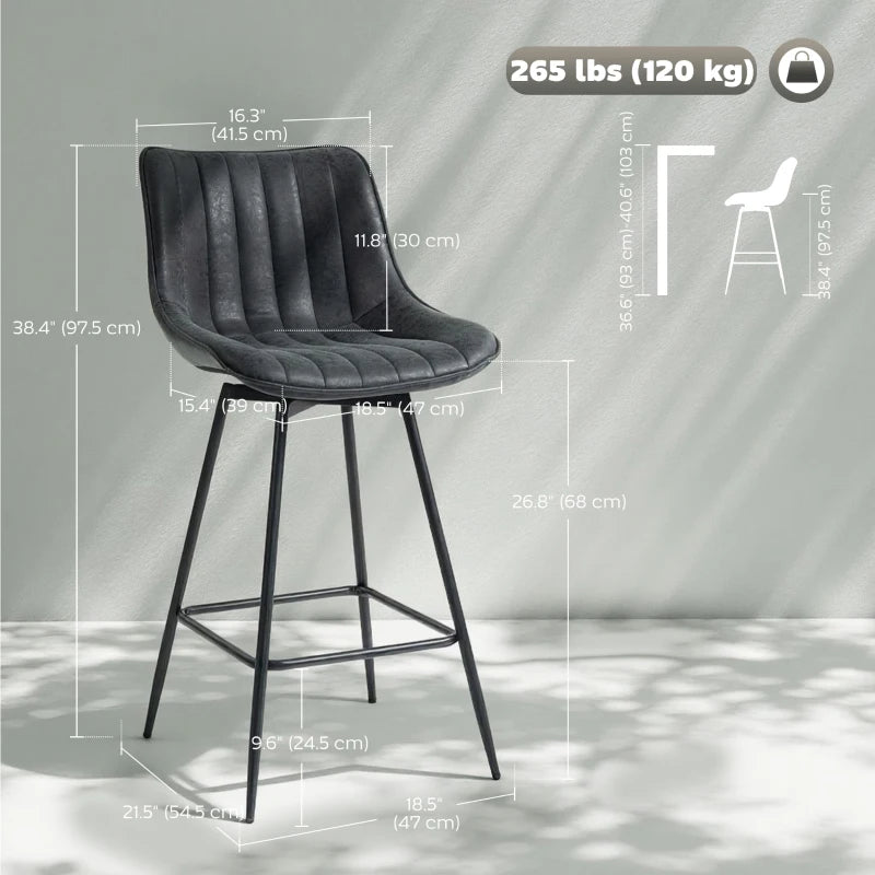 Set of 2 Counter Height Barstools, PU Leather Upholstered Bar Stools with Backrest, Footrest and Steel Legs, Black