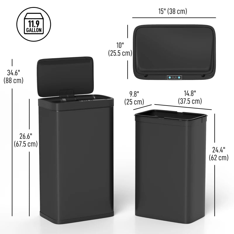 12 Gallon Sensor Can, Automatic Garbage Can with Soft-Close Lid, Fingerprint-Proof Stainless Steel, Matte Black